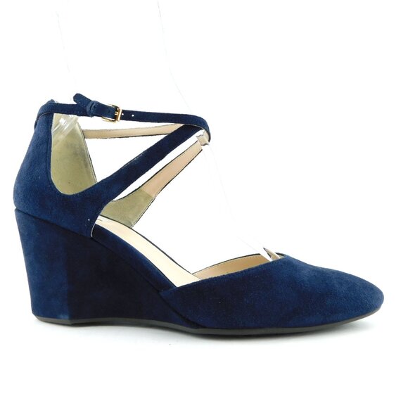 COLE HAAN Royal Blue Navy Suede Leather Ankle Strap Wedge Heel Pumps 8 - Picture 2 of 7